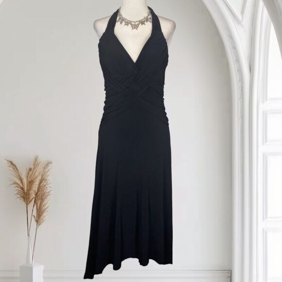 Vintage Made in USA Whimsygoth Black Criss Cross Halter Midi Dress Size M - Picture 1 of 8